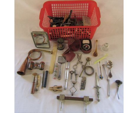 Box containing various items inc horn, opera glasses, lace making bobbin, travelling inkwell etc