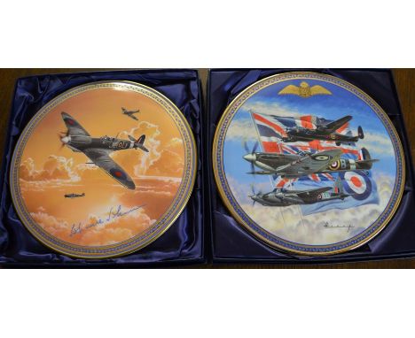 2 boxed RAF The Bradford Exchange ceramic gilded plaques 'Flying For Freedom' &amp; 'Johnie Johnson'