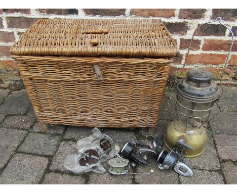 Wicker fishing basket, tilly lamp and selection of fishing reels inc Point Professional and Shakespeare Omni 020 (af)