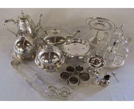 Various silver plate inc condiment set, teapot, napkin rings and tazza