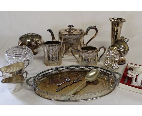 James Dixon 3 piece Britannia Metal tea service and a selection of silver plate including small rose bowls, sugar scuttle, cu