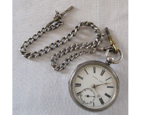 Victorian silver pocket watch and chain, Edward S Hall, Chester 1884, D 5 cm, (overwound) chain length 35 cm, weight 1.09 ozt