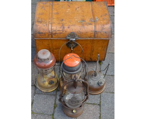 4 paraffin lamps &amp; an old tin trunk