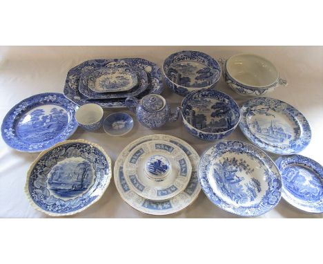 Various blue and white ceramics inc Spode Italian, Delft, Royal Copenhagen, Coalport and Masons