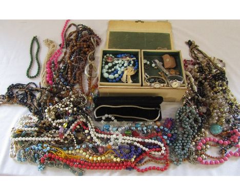 Selection of beads and watches inc jade style beads with silver clasp and a silver necklace