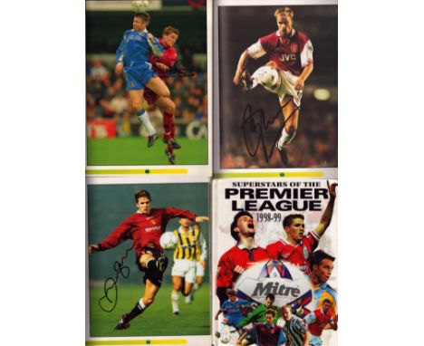 Superstars of the Premier League 1998-99 hardback book signed by David Beckham, Dennis Bergkamp, Graeme Le Saux, David Seaman