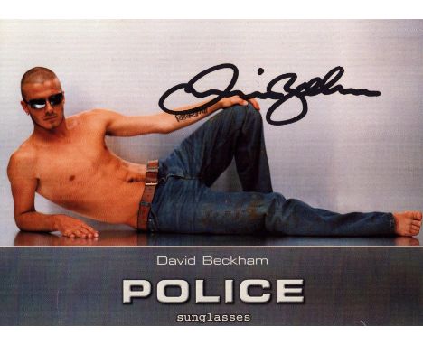 David Beckham signed 6x4 inch POLICE promo postcard. Good condition. All autographs come with a Certificate of Authenticity. 