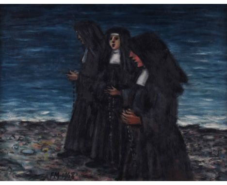   Frans MASEREEL (1889-1972)  "Les trois petites soeurs" (1968) Gemälde Öl / Platte, 50 cm x 64 cm, rückseitig signiert, beti
