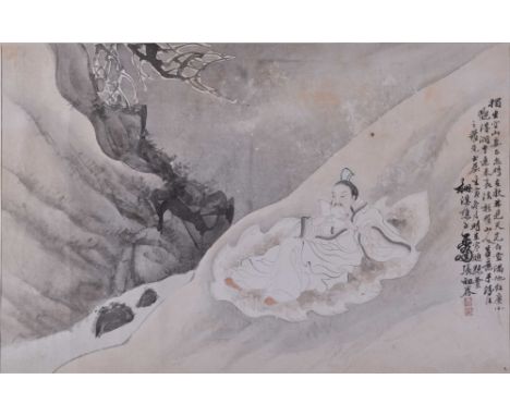   Zhang Zujiän Chinesischer Künstler des 19. Jhd.  "Gelehrter beim lesen" Zeichnung - Tuschmalerei, Sichtmaß 36,5 cm x 56,3 c