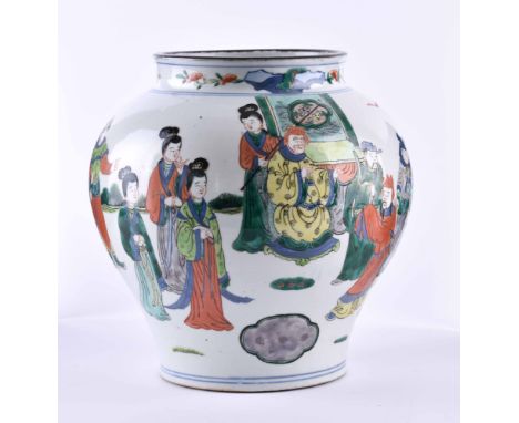   Ingwer-Topf China Qing- Dynastie 19. Jhd.  farbig staffiert im Kangxi Stil mit floralem Dekor und höfischen Szenen, H: 27 c