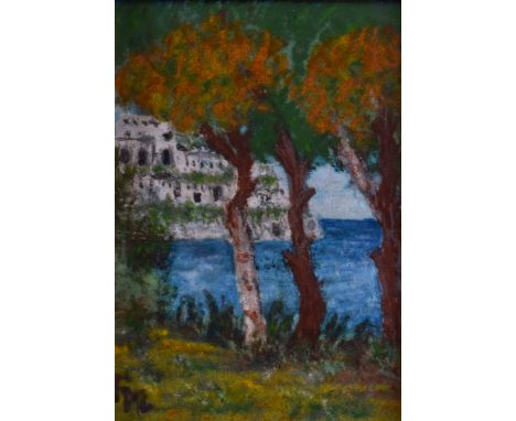  Monogrammist FM 20. Jhd.  "südliche Landschaft" Emaille-Malerei auf Blech, Sichtmaß 15 cm x 10,5 cm, gerahmt 24,8 cm x 20,2