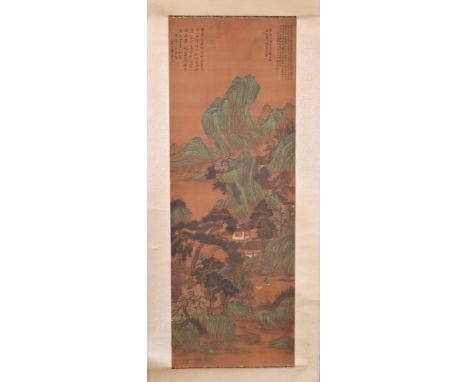   Rollbild China Qing Dynastie  Berglandschaft mit Bäumen, Signaturstempel und mehrere Sammlungsstempel, oberhalb links und r