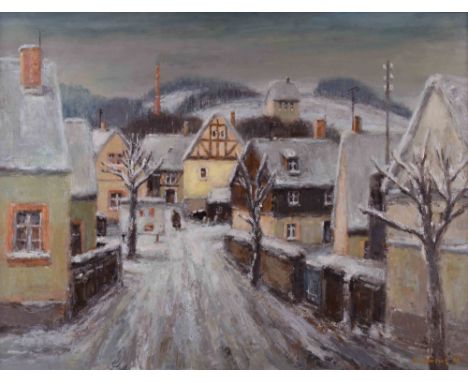   Rolf SCHUBERT (1932-2013)  "Winterdorf im Erzgebirge-Gelenau" Gemälde Öl / Hartfaser, 60,5 cm x 82 cm, gerahmt 69,5 cm x 89