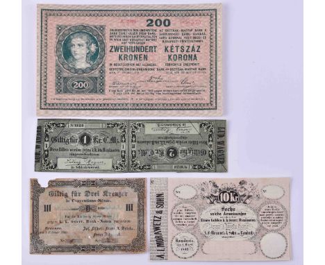   K und K Österreich / Ungarn 1849-1918  5 Geldscheine, 1 Kr., 2 Kr., 3 Kr., 10 Kr. und 200 Kr,, Erhaltung: stark gebraucht b