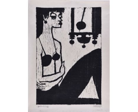   Hanfried SCHULZ (1922-2005)  "Sitzende" Grafik - Holzschnitt, Blattmaß 70 cm x 51,5 cm, rechts unten handsigniert und datie