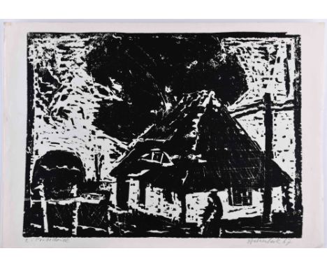   Harald HAKENBECK (1926)  "Gehöft auf Hiddensee" Grafik - Holzschnitt, Blattmaß 41,8 cm x 59,5 cm, rechts unten handsigniert