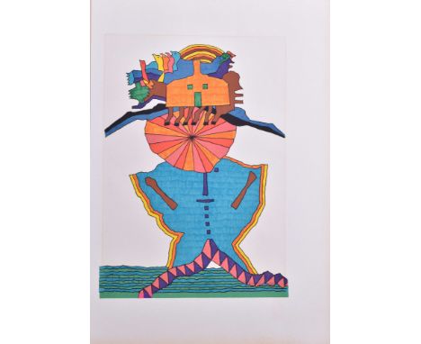   Heinz TRÖKES (1913-1997)  "Vogelhaus-Mann" Grafik - Farbsiebdruck, 39,5 cm x 28 cm, Nr. 71/75, links unten handsigniert,  W