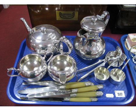 A Four Piece Silver Plated Tea Set by Walker & Hall, Sheffield. A set of six ornate handled knives marked "Didier", an unusua