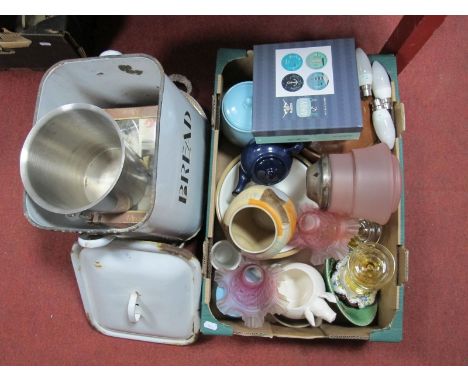 Enamel Bread Bin, pink tinted vintage shades, kitchen pottery, two electroplated oval gallery trays, mincer, etc:- (2)