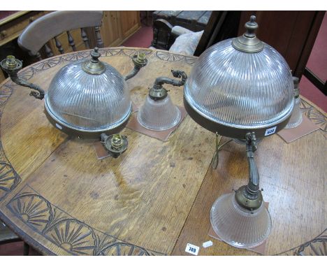 A Three Branch Ceiling Light, the lights all surrounding central boss, ribbed clear glass shades, brass fitments, together wi