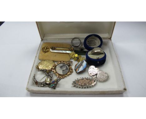 Skegness Enamel and Other Brooches, bar brooch, rings, locket pendant, etc.