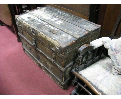 Early XX Century Travelling Trunk, with wood slats, corner brackets. 