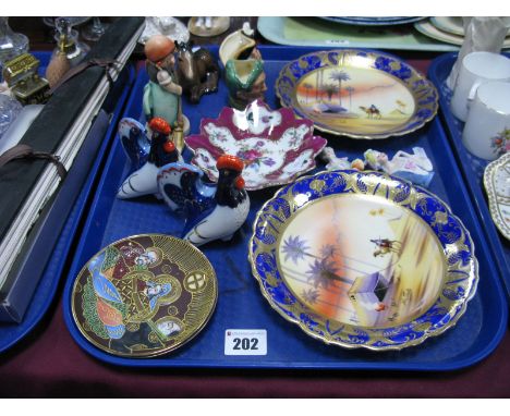 Pair of Camel China Cabinet Plates, Russian peacock condiments, Doulton small character jugs, Beswick foal, Hummel Little Swe