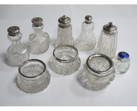 Decorative Glass Salts and pepperettes, including "MEKA Sterling Denmark", with blue enamel top. (9)