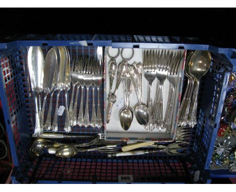 Part Set of Electroplated Cutlery, including fish knives and forks, together with pickle and other forks, sauce ladle, grape 