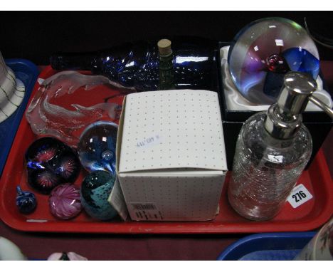 Webb Corbett, Caithness and Other Glass Paperweights, blue glass fish bottle, green glass cork stoppered bottle etc:- One Tra