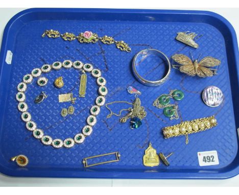 Assorted Costume Jewellery, including green and white matching necklace and clip earrings, a hallmarked silver bangle, large 