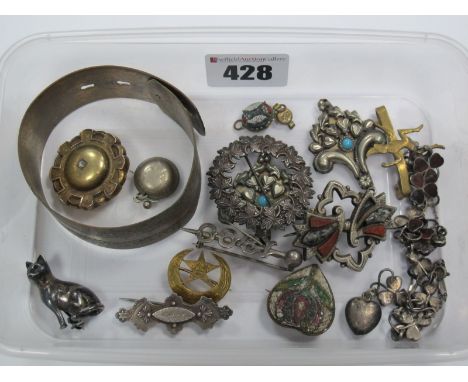 A XIX Century Hardstone Inset Clover Leaf Bracelet, suspending heart shape pendant (damages), micromosaic and other brooches,