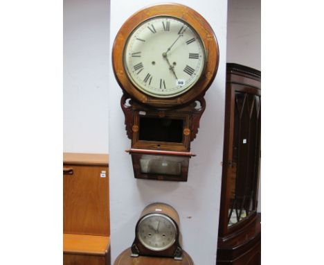 A Late XIX Century Rosewood Drop Dial Wall Clock, inlaid roundels and stringing throughout, together with a Smiths oak mantel