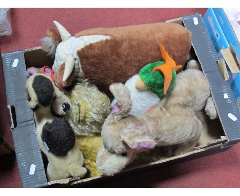 Six Merrythought Plush Modern Toys, all with labels including a Lion, Bull, Parrot and others.