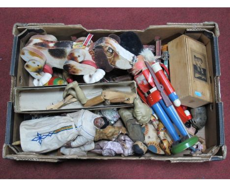 A Mixed Box of Dolls, Puppets etc., including a boxed Japanese Puppet and other wooden puppets and toys, mid XX Century.