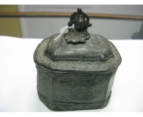 XIX Century Lead Tea Caddy, of rectangular form having canted corners, scrollwork sides, with inner press. 