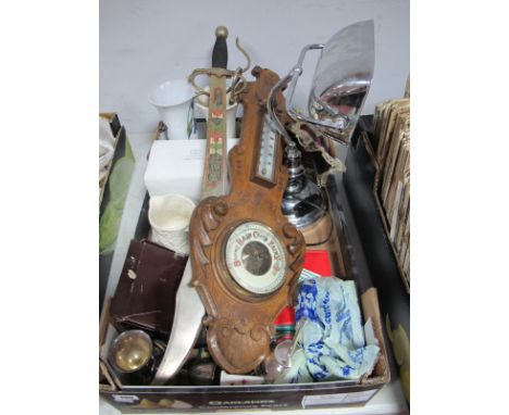 Desk Lamp, oak wall barometer, dress sword, plated goblets, ceramics etc:- One Box 