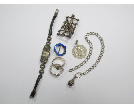 Marius Hammer 8305 Blue Enamel Brooch, rings, a marcasite set, ladies cocktail watch, abstract openwork pendant ETC. 