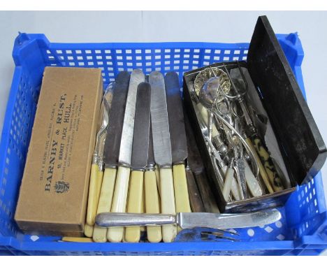 Thomas Turner Horn Handled Table Knives, Elkington knives, grape scissors, toasting fork, other cutlery, tin:- One Box 