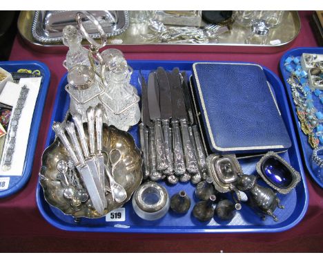 A Hallmarked Silver Mounted Glass Match Strike, together with decanter labels, button hook, shaped dish, condiment stand, hal