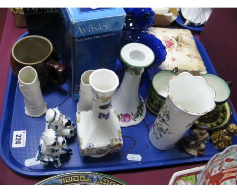 A Pair of Royal Worcester Spill Vases, green backstamp no.1049, pair of pressed blue glass bon-bon dishes, Wade figures, Anys