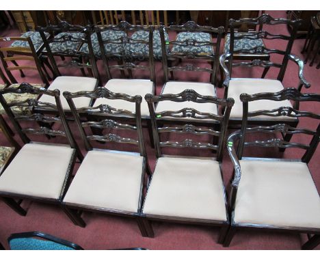 Set of Eight, (Six Singles, Two Carvers), Mahogany Wavy Ladder Back Dining Chairs, on square moulded legs. 