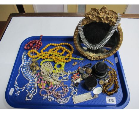 Diamante and Other Necklaces, barbola style mirror, mother of pearl gaming counters etc:- One Tray 