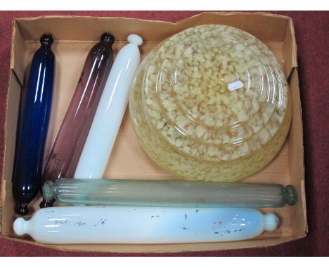 1930's Mottled Glass Light Shade, five XIX Century Glass rolling pins including amethyst, blue and white examples.