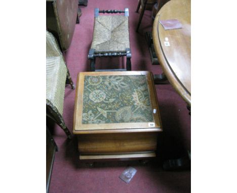 XX Century Oak Rushed Seated Stool, on cabriole legs, pad feet, together with XIX Century mahogany commode. 
