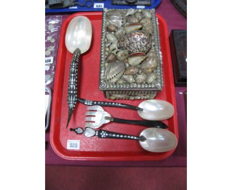 A Victorian 'Seashell' Sewing Box, and contents, plus a set of four 'shell' bowled spoons and fork, the hardwood handles all 