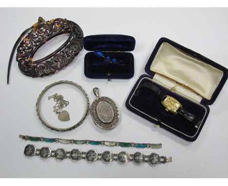 XIX Century Oval Locket Pendant, ladies wristwatch, bracelets, bangle, hairslide (pin detached), etc. 