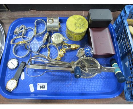 Ladies and Gents Wristwatches, including Timex, Sekonda, Realm; an Ansonia alarm clock, vintage advertising tin, novelty 'egg