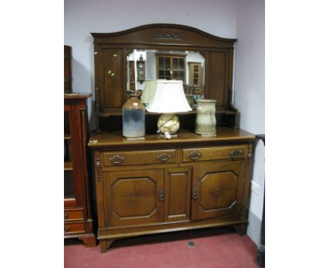 Early XX Century Walnut Mirror Back Sideboard, the top with a central bevelled mirror, over a shelf, base with two small draw