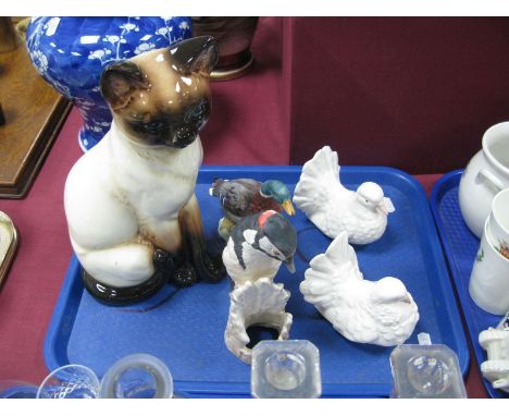 Five Goebel Models, including a pair of seated white doves, Drake, Siamese cat and a greater spotted woodpecker. (5):- One Tr